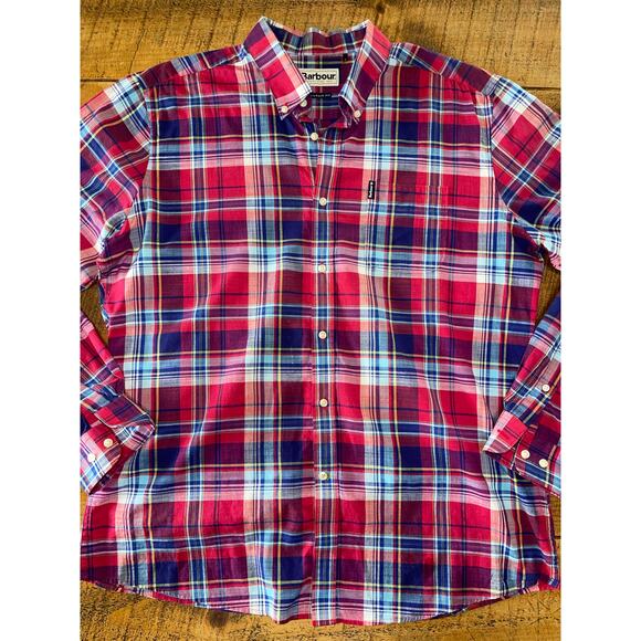 Mens Barbour Red Blue Plaid Cotton Lightweight‎ Button Down Shirt Size Large - Picture 1 of 11